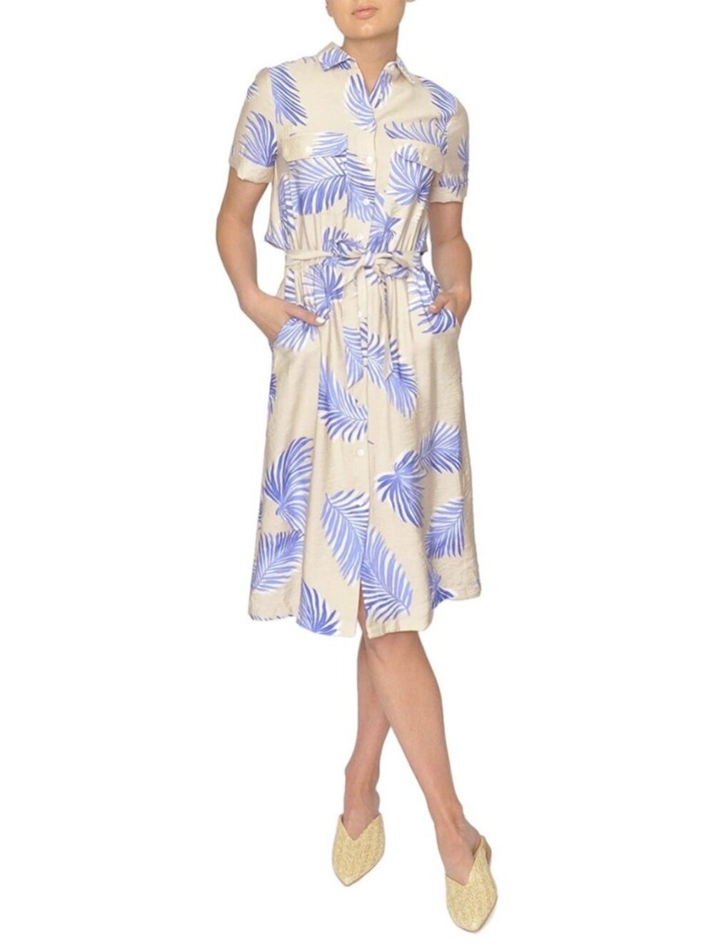 FRNCH Palm Print Shirt Dress with Open Back